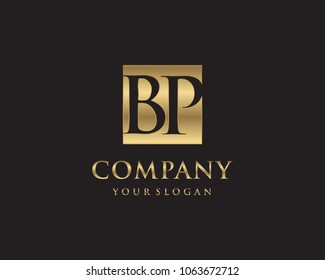 BP initial letters looping linked box elegant logo golden black background