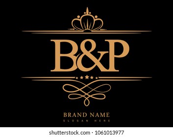 B&P Initial logo, Ampersand initial logo gold with crown and classic pattern