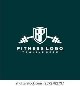 BP initial monogram for fitnes or gym logo with creative shield and barbell design