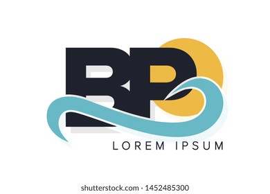BP letter logo with ocean waves and sunset. Beach concept design