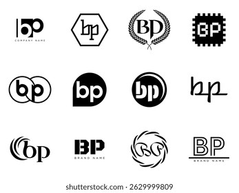 BP logo company template. Letter b and p logotype. Set different classic serif lettering and modern bold text with design elements. Initial font typography. Collection trendy business identity.