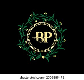 Diseño de logotipo BP con un diseño único y sencillo, etiqueta dorada con cinta en aniversario