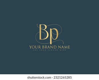BP luxury elegant initial typographic monogram icon with letter b and letter p. Alphabet initials isolated on dark background. Signature type luxury elegant sign characters and decorative swirl.