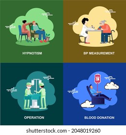 Bp Measurement, Hypnotism, Blood Donation, Operation Collection Flat Concept Design