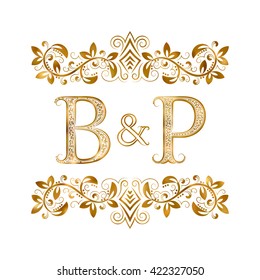 B&P vintage initials logo symbol. Letters B, P, ampersand surrounded floral ornament. Wedding or business partners initials monogram in royal style.