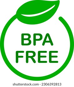 BPA, Bis phenol A frei. Flaches Vektorsymbol für nicht toxische Kunststoffe. Grüner Kreis und Blatt auf weißem Hintergrund. Logo und Abzeichen für Trinkwasser-Flasche.Verpackung Kunststoff. Gewährleistung der Produktqualität.