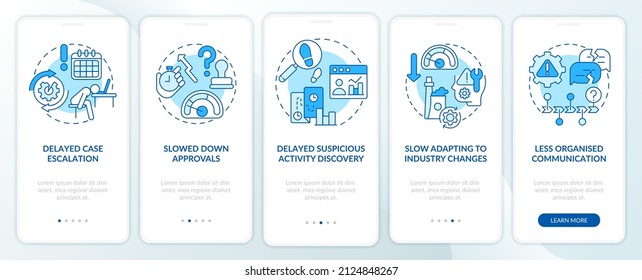 BPA challenges blue onboarding mobile app screen. Banking automation walkthrough 5 steps graphic instructions pages with linear concepts. UI, UX, GUI template. Myriad Pro-Bold, Regular fonts used