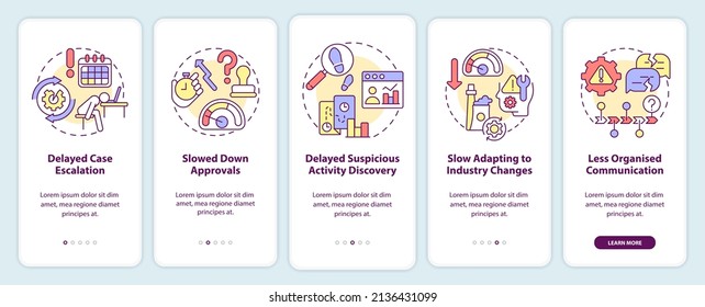 BPA challenges onboarding mobile app screen. Banking automation walkthrough 5 steps graphic instructions pages with linear concepts. UI, UX, GUI template. Myriad Pro-Bold, Regular fonts used