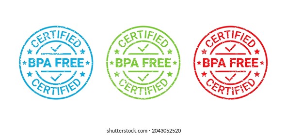 BPA free grunge stamp. No bisphenol icon round badge. Non toxic plastic label. Certified seal imprint for eco package. Retro emblem. Vector illustration. Waste marks isolated on white background