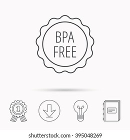 BPA free icon. Bisphenol plastic sign. Download arrow, lamp, learn book and award medal icons.