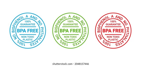 BPA free icon, rubber stamp. No bisphenol badge. Non toxic plastic round label. Guarantee seal imprint for eco package. Waste marks isolated on white background. Vector illustration. Retro emblem.