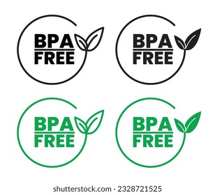 BPA free icon set in black and green color. plastic free certified vector symbol. non bpa with leaf.