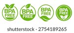 BPA free icon set, label, logo, circle, badge, green, sticker, emblem, symbol, line, flat vector, isolated illustration. Eco friendly icons. 100% natural, bio, organic, vegan food labels product.