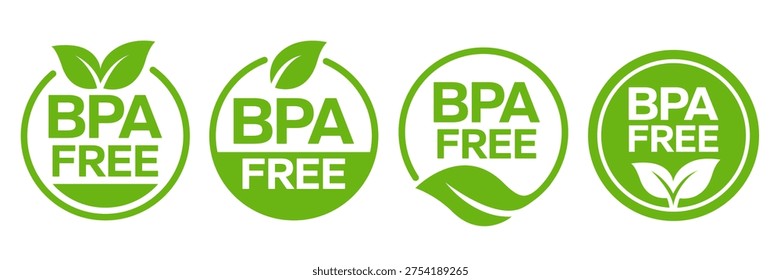 BPA free icon set, label, logo, circle, badge, green, sticker, emblem, symbol, line, flat vector, isolated illustration. Eco friendly icons. 100% natural, bio, organic, vegan food labels product.