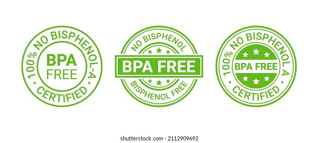 BPA free icon stamp. No bisphenol round badges. Non toxic plastic labels. Stickers for eco package. Seal imprints isolated on white background. Set retro green emblems. Vector illustration. 