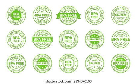 BPA free icon stamp. No bisphenol round badges. Non toxic plastic stickers. Labels for eco package. Seal imprints isolated on white background. Set retro green emblems. Vector illustration. 