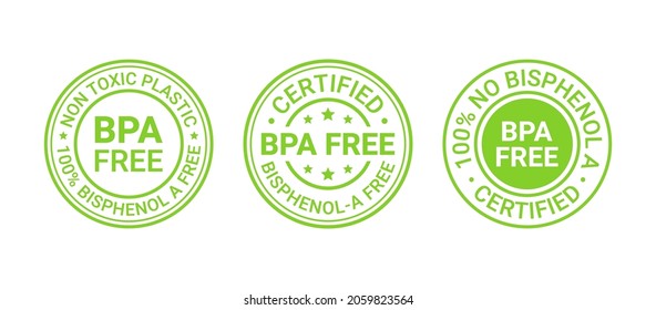 BPA free icon stamp. Non toxic plastic round labels. No bisphenol badges. Seal imprints for eco package. Waste marks isolated on white background. Set retro green emblems. Vector illustration. 