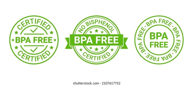 BPA free icon stamp. Non toxic plastic round labels. No bisphenol badges. Stickers for eco package. Seal imprints isolated on white background. Set retro green emblems. Vector illustration. 