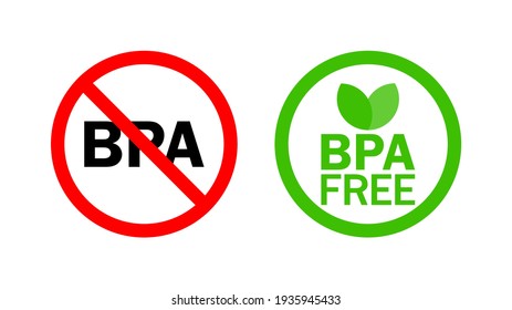 BPA FREE Logo. No Bisphenol A 100%. Set of Flat vector icon for non-toxic plastic. Logo and badge for drinking water bottle, packaging plastic. Simple design. Vector illustration. 