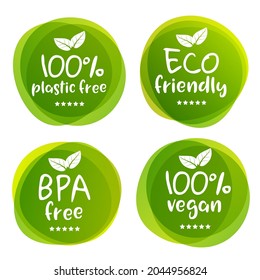 BPA free logo seal. Vegan icon, eco friendly and plastic free set. Organic label emblem