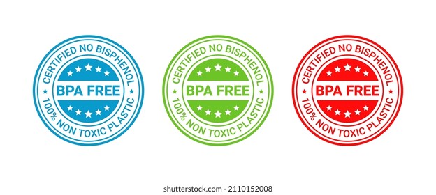 BPA free stamp icon. Non toxic plastic badge. No bisphenol label. Seal imprints for eco package. Round stickers isolated on white background. Set retro emblems. Vector illustration. 