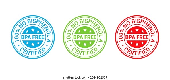 BPA free stamp. No bisphenol icon. Non toxic plastic round badge, label. Certified seal imprint for eco package. Retro emblem. Vector illustration. Waste marks isolated on white background