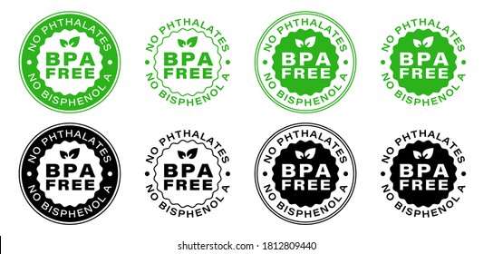 BPA free vector certificate icon. No phthalates and no bisphenol, safe food package stamp, check mark and green leaf. Information label. Vector illustration.