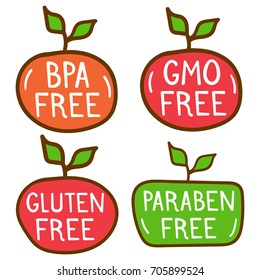 Bpa, gmo, gluten, paraben free. Set of flat vector hand drawn icons, badges illustrations on white background.