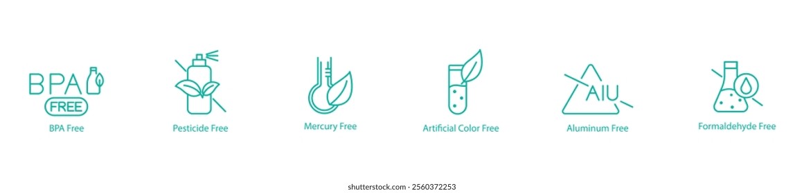 BPA, Pesticide, Mercury, Artificial Color, Aluminum, and Formaldehyde Free Vector Icons