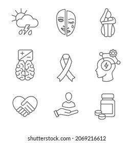 BPD - Borderline Personality Disorder icon set with brain mask and more
