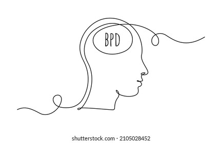 BPD concept with human head. One continuous line drawing of bipolar disorder or borderline personality disorder. Editable stroke. Doodle Vector illustration