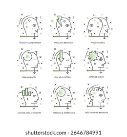 DBP Emoção Desregulação Neurodivergente Saúde Mental Humor Instabilidade Minimalista Vetor Clipart Identidade Medo Abandono Esforço AutoImagem Crise Linha Arte Personalidade Transtorno