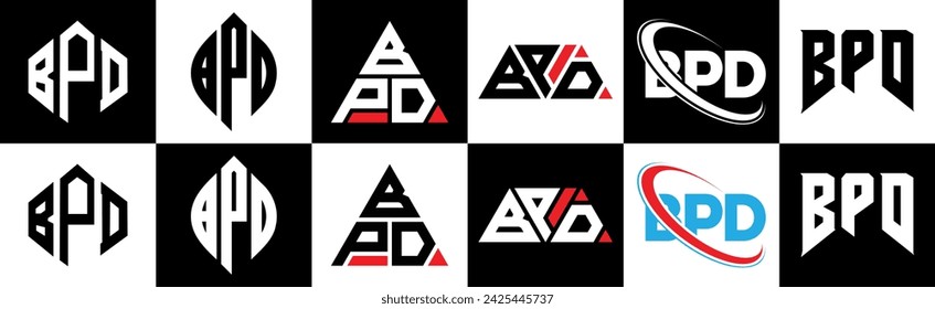 BPD letter logo design in six style. BPD polygon, circle, triangle, hexagon, flat and simple style with black and white color variation letter logo set in one artboard. BPD minimalist and classic logo