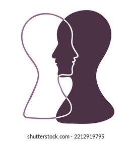 BPD Simple concept. Minimalistic Icon of human head with bipolar disorder or borderline personality disorder. Emotional dualism and Split Personality Disorder. Mental illness. Vector illustration,