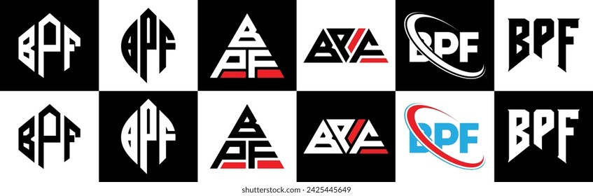 BPF letter logo design in six style. BPF polygon, circle, triangle, hexagon, flat and simple style with black and white color variation letter logo set in one artboard. BPF minimalist and classic logo