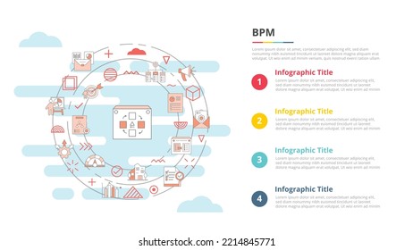 concepto de gestión de procesos de negocio de bpm para banner de plantilla de infografía con información de lista de cuatro puntos