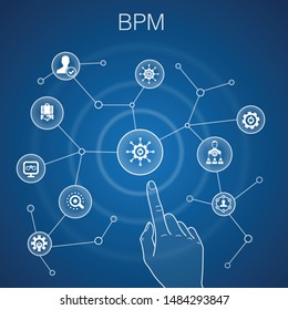 BPM concept, blue background. business, process, management, organization icons
