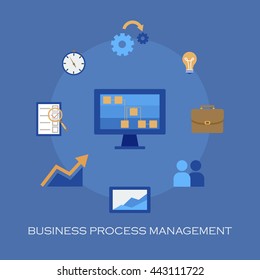 BPM flat design. Business process management business concept. Vector set of management items. Vector background.