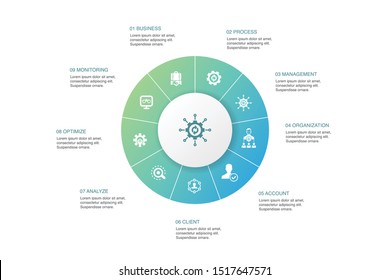 BPM Infographic 10 steps circle design.business, process, management, organization icons