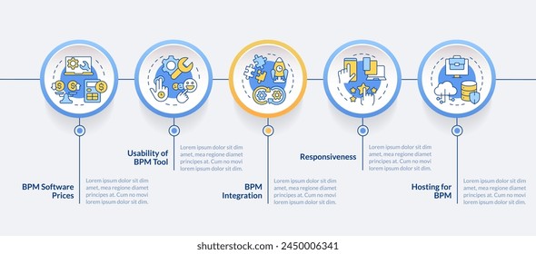 BPM integration circle infographic template. Workflow automation software. Data visualization with 5 steps. Editable timeline info chart. Workflow layout with line icons. Lato-Bold, Regular fonts used
