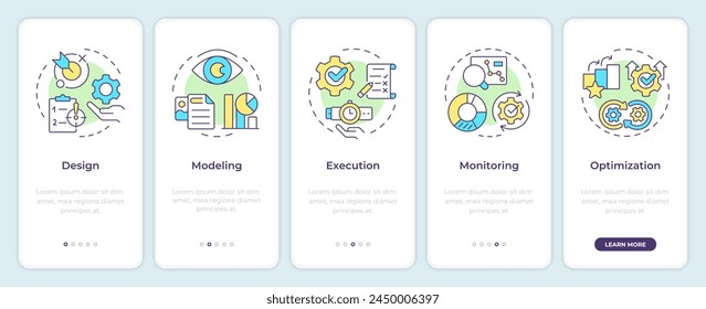 BPM lifecycle onboarding mobile app screen. Business modeling. Walkthrough 5 steps editable graphic instructions with linear concepts. UI, UX, GUI template. Montserrat SemiBold, Regular fonts used