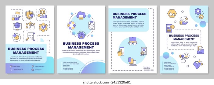 BPM management blue gradient brochure template. Workflow automation. Leaflet design with linear icons. Editable 4 vector layouts for presentation, annual reports. Arial, Myriad Pro-Regular