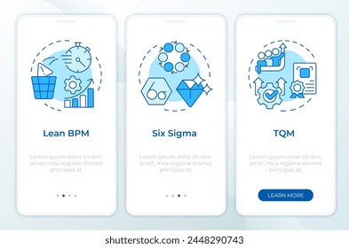 BPM methodologies blue onboarding mobile app screen. Walkthrough 3 steps editable graphic instructions with linear concepts. UI, UX, GUI template. Montserrat SemiBold, Regular fonts used