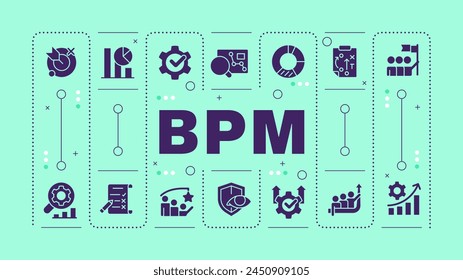 BPM mint green word concept. Business organization. Workflow processes automation. Customer service. Visual communication. Vector art with lettering text, editable glyph icons. Hubot Sans font used