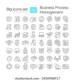 BPM organization linear icons set. Workflow managing, administration resources. Management software. Customizable thin line symbols. Isolated vector outline illustrations. Editable stroke