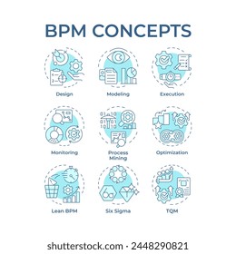 BPM soft blue concept icons. Workflow managing, operational efficiency. Lean management. Icon pack. Vector images. Round shape illustrations for article, infographic. Abstract idea