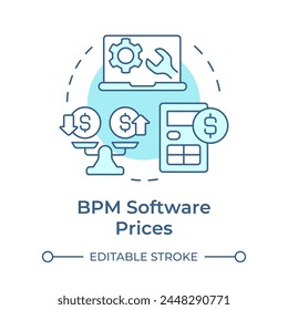 BPM Precios de software icono de concepto azul suave. Cálculo de gastos de servicio. Optimización del flujo de trabajo. Ilustración de línea de forma redonda. Abstractas idea. Diseño gráfico. Fácil de usar en infografía, artículo