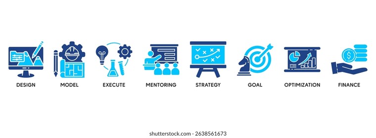 BPM web icon vector illustration concept of business process management with icon of design, model, execute, mentoring, strategy, goal, optimization, finance