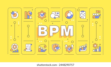 BPM yellow word concept. Business processes management. Workflow automation, data processing. Typography banner. Vector illustration with title text, editable icons color. Hubot Sans font used