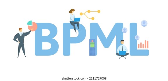 BPML, Business Process Modeling Language. Konzept mit Schlagwort, Menschen und Symbolen. Flache Vektorgrafik. Einzeln auf Weiß.